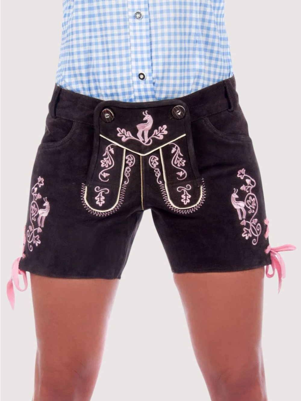 Edelnice Traditional Brown Lederhosen Pink Embroidery Deer
